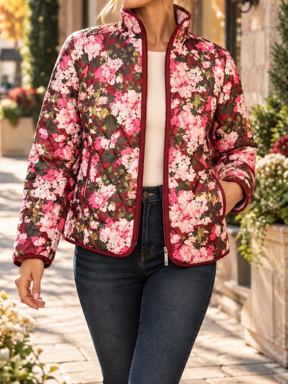 Lands' End Burgundy Floral Primaloft Quilted Jacket Women’s Medium 10-12